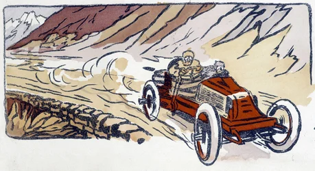 パリ・ヴィエンヌでのルノー車 1902年 Ernest Montaut (1878-1909) が描いたもの。