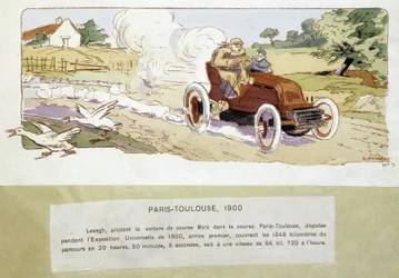 1900年のパリ-トゥールーズ間のレース（Ernest Montaut（1878-1909）の絵）。