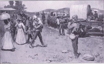 ボーア難民を支援するイギリスの兵士、イラスト「プレトリア後：ゲリラ戦争」、1902年