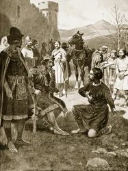 スコットランドの王、デイビッドは正義を分配する、「ハッチンソンのイギリス国民の物語」、1920年頃のイラスト