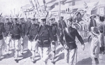 東京を駆け抜ける日本人、カッセルの日露戦争の歴史第1巻、1900年のイラスト