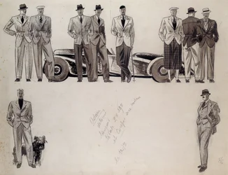 車のそばに立つ10人の男性モデルを描いた「アダム」のファッションデザイン