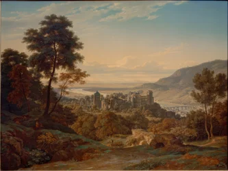 ハイデルベルク、城と街を東から、ライン平原を望む