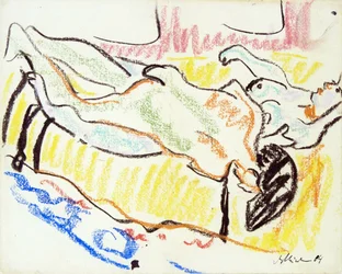 ワーク ショップで愛のカップル。 ヌード2枚。 (スタジオでカップルが大好きです。2 つのヌード)。 Ernst Ludwig Kirchner (1880-1938) の作品、紙にパステル