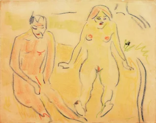 男と女（牧草地に座る）