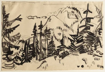 モミの木のある山の風景