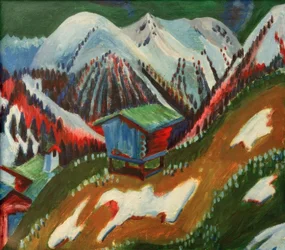 雪解け。高山小屋と山の風景