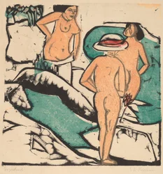白い石の間で水浴びをする女性たち、1912年（黒、緑、オレンジ、赤で印刷されたカラー木版画）