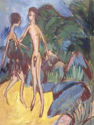 ビーチでの若者と裸の女の子。ビーチで裸の少年と少女、1913