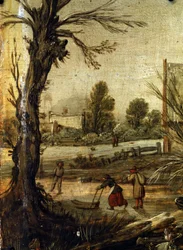 冬、詳細 (冬)。 Esalas van de Velde (1591-1630) の絵画。 木に油彩、37.5 x 35.5 cm