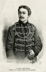 ロシア軍の将軍であり、チェスのチャンピオンでもあるミングレーのアンドレ・ダディアン王子（1850-1910）。カルラ・セレーナが1876年から187年にかけて執筆した『Un tour en Mingrelie』（コーカサスとリオンの間に広がるグルジアの地域）の挿絵として、E.Ronjatが描いたもの。