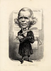 feuille volante - Etienne Carjat (1826-1906)によるイラスト。医療、医学、sante、Charite、解剖学、ポスター ディスプレイ - 外科医、Velpeau Alfred (1795-1867)
