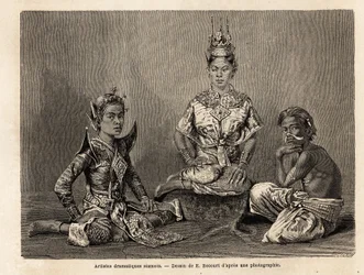 1858年から1861年にかけてシャム、カンボジア、ラオスの王国を訪れたアンリ・ムホーの旅を説明するためにE.Bocourが描いたシャムの劇画家たち。エドゥアール・シャルトン編集の「Le tour du monde」に掲載された版画
