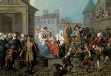 パリの街角のカーニバル 詳細エティエンヌ・ジャウラ（1699-1789）による絵画 1757年ディム。0.65 x 0.82m パリ、カルナヴァレ博物館