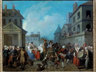 パリの街角のカーニバル エティエンヌ・ジョーラット（1699-1789）による絵画 1757年。薄さ0.65 x 0.82 m パリ、カルナヴァレ美術館