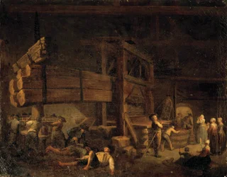ワイン作り。「ヴァーメントンでのプレス、ブルゴーニュのジョーラのプレス」 エティエンヌ・ジョーラ（1699-1789）の絵画 18世紀。ボーヌ