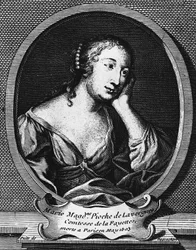 フランスの小説家、マリー＝マドレーヌ・ピオッシュ・ド・ラ・ヴェルニュ、コンテス・ド・ラ・ファイエット（1634-1693）、エティエンヌ・ジェハンディエ・デロシェール（1668-1741）による彫刻のメダリオン肖像画