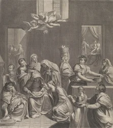 聖母の誕生、膝の上に乳児を乗せて座っている女性、周囲にいる多数の女性...、1677年.