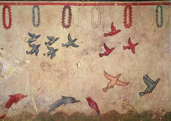狩猟と釣りの墓からの水生鳥と跳躍イルカ、紀元前520-10年頃（壁画）