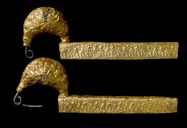 エトルリア美術：金製のフィーブル（ピン）。紀元前630年。リットーレの墓からヴェトゥロニア（またはヴェトゥロニウム）。ディム。21 cm フィレンツェ、Museo Archeologico