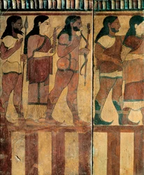 エトルリア文明 - 紀元前550～520年、ローマ、チェルヴェーテリ、バンディタッチャネクロポリスの行列を表現した「プラーク・カンパーナ」（テラコッタ）