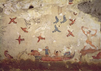 釣りと狩猟の墓から、船と鳥が飛ぶ漁師、紀元前520〜510年頃（壁画）