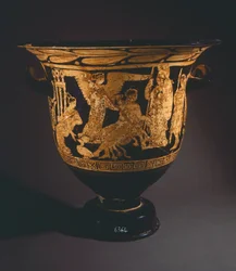 ネピ画家のクラテル（大型花瓶）。コルチアーノ（ラツィオ州）の赤像土器。エトルリア文明、紀元前4世紀。