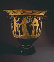 ネピ画家のクラテル（大型花瓶）。コルチアーノ（ラツィオ州）の赤像土器。エトルリア文明、紀元前4世紀。