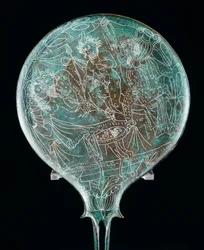 宴の場面を描いた鏡、プレネステ（ラツィオ州）のブロンズ工芸品。エトルリア文明、紀元前4世紀。