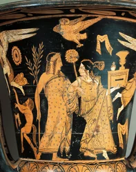イタリア、ローマ州、古代ファレリイ、チヴィタ・カステラーナ出土の赤絵陶器「クラテル」、細部、冠をかぶったディオニュソスとアリアドネ