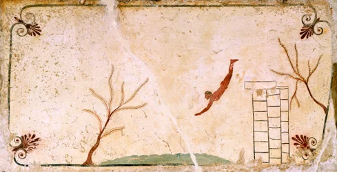 ダイバー、紀元前480-490年頃、イタリア、カンパニア州、パエストゥムのダイバーの墓の蓋板の装飾フレスコ画、紀元前5世紀