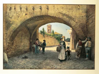 イタリア、ローマ、トロメイのアーチ（Ettore Roesler Franz作）、水彩画