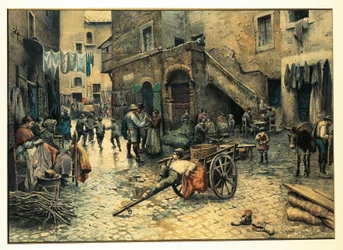 イタリア、ローマ、Ettore Roesler Franzによるローマの（ユダヤ人）ゲットーのカポッチュート通りのストリートライフ、水彩画