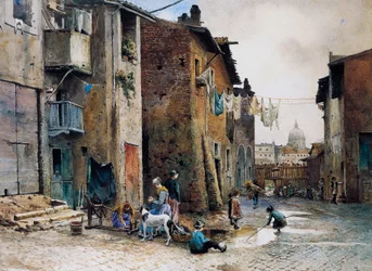ローマのルンガレッタ通りの中世の家々、エットーレ・レスラー・フランツ（1845-1907）作、水彩画、イタリア