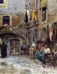 ローマのゲットーに残る中世の遺物、エットーレ・ロスラー・フランツ（1845-1907）作、水彩画、「Vanished Rome」シリーズより、イタリア、ディテール