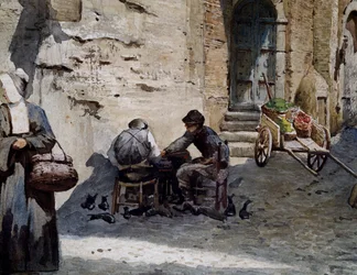 Ettore Roesler Franz (1845-1907)作「Vanished Rome」シリーズの水彩画「Lungarettaの古い中世の家々」（イタリア、Detail