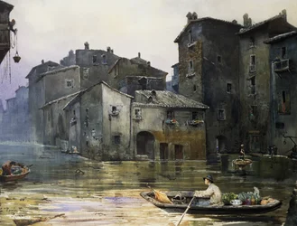 ローマで氾濫したVia della Fiumara、Ettore Roesler Franz（1845-1907）作、水彩画、イタリア