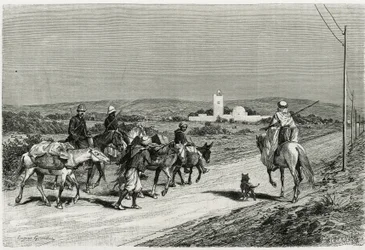 トレーラーが動いています。ウジェーヌ・ジラルデが、1882年から1883年に公共教育省から依頼された、ルネ・キャニャ（1852-1937）歴史家とアンリ・サラディン（1851-1923）建築家による物語「チュニジアへの旅」の挿絵として描いたもの。出版社
