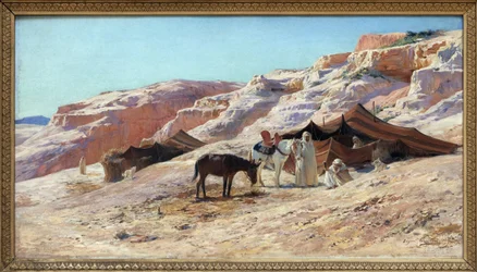 キャンプ、ユージーン・ジラルデ（1853-1907）によるキャンバスの油絵、砂丘の風景の中のアラブ人旅行者（ベドウィン）のグループの野営地。 薄暗い。 50×60cm。 写真、キム・ヨンテ、ナント、ナント美術館。