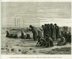 サハラでのモグリブの祈り。1887年にカミーユ・ドゥールが書いた「Cinq mois chez les moures nomades du Sahara occidental」という物語を説明するためにJ.ジラルデが描いたもので、1888年にエドゥアール・シャルトン（1807-1890）の指揮のもと「le tour du monde」に掲載された。
