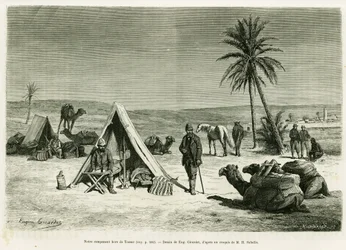 トズール近辺の旅人のキャンプ。R.CagnatとH.Saladinによる「Voyage en Tunisie」（1886年のle tour du monde、Edouard Charton(1807-1890)監督作品）の挿絵として、Eugene Girardetが描いたもの。