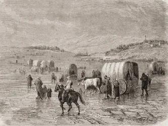 1860年代に西に向かうワゴン列車。ステファンパンネメーカー（1847-1930）によって彫刻されました。