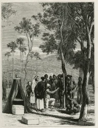 Dr. Harmand procedes a an anthropological measurements on the indigenous Khas, a Attopeu (Laos), engraving by Eugene Burnand, to illustrate the story of Laos and the wild populations of Indochina by Dr. Harmand, in 1877, published in the tour du monde, und