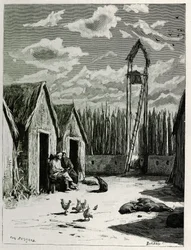 ミューオンガンの宣教師広場。P.Neis博士が1880年に発表した「上ラオスの旅」の挿絵として、Eugene Burnandが描いたもの。Le Tour du monde, nouveau journal des voyages, second semester 1885, edited by Edouard Charton (1807-1890), edに掲載。