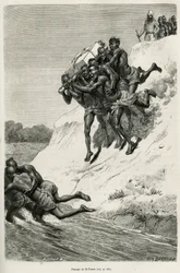 ラオスとインドシナの野生の人々の物語を説明するために、ユージン・バーナンの絵をもとに彫られた旅行者の語り手の肖像。