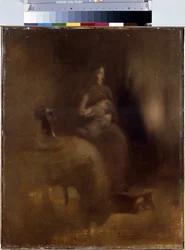 赤ちゃんをひざに乗せた女性。 Eugene Carriere（1849-1906）による絵画