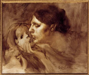 母の口づけ。ウジェーヌ・カリエール（1849-1906）による絵画、19世紀、0.46 x 0.55メートル、パリ、オルセー美術館