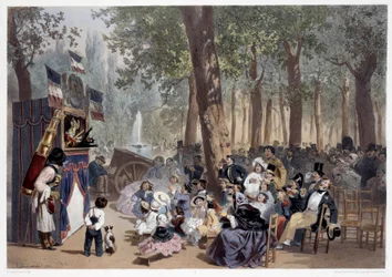 19世紀のパリ、シャンゼリゼ通りで行われたギニョールのショー。ユージン・ゲラール（1821-1866）の版画 19世紀 パリ、カルナヴァレ美術館