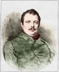 1830年（1799年～1850年）のオノレ・バルザックの肖像、フランスの作家。 Eugene Chiquetによる彫刻。