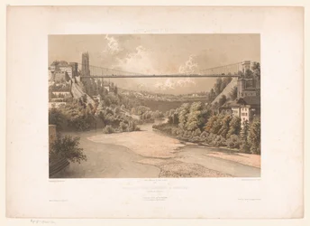 Gezicht op de hangbrug over de Sarine, te Fribourg スイス サボイとチロル / フリブール (フリブール州) の吊り橋のプロフィール (オブジェクトのタイトル)